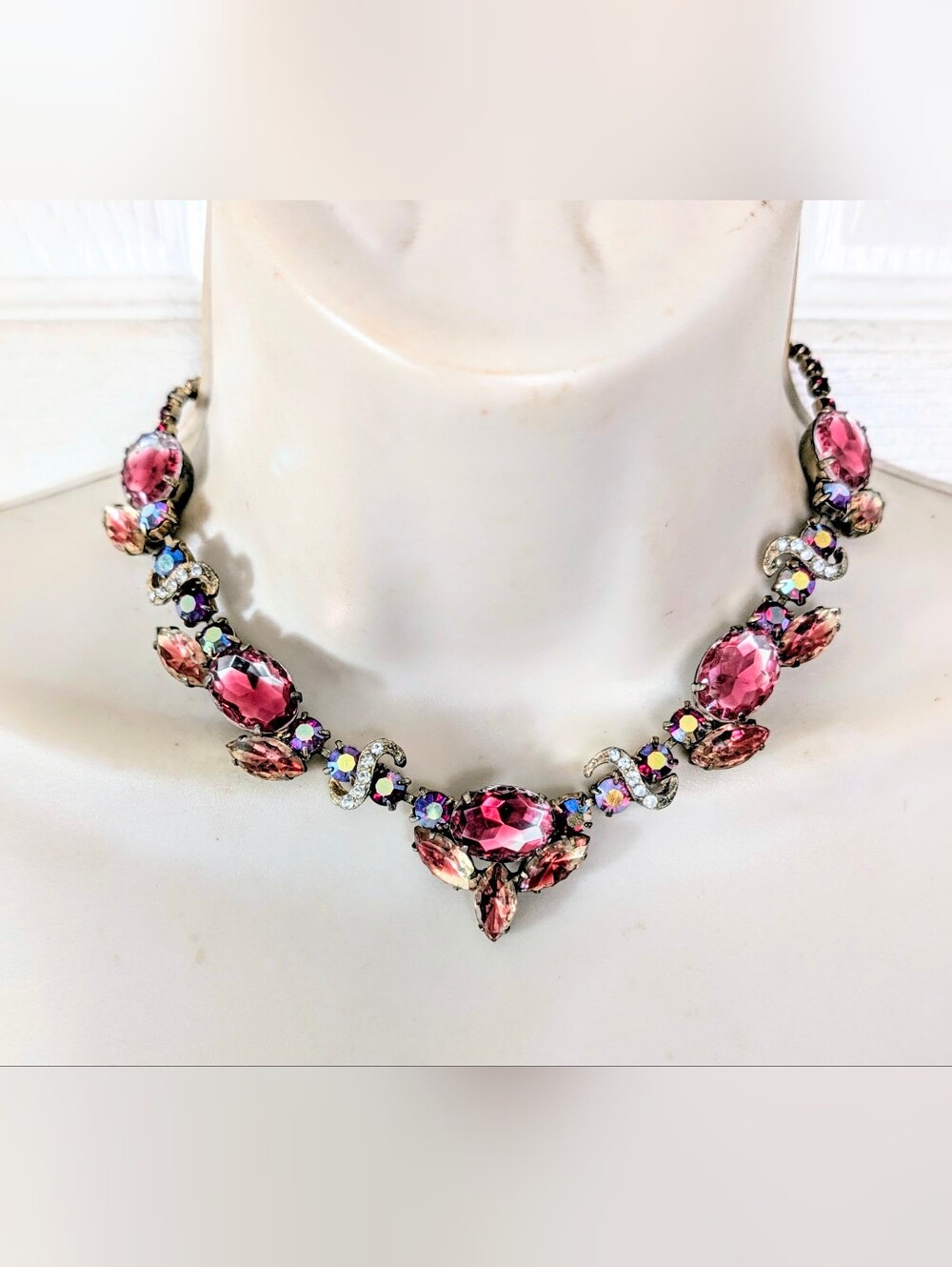 Vintage MCM Pink Watermelon & A.B. Rhinestone Choker Necklace 15"